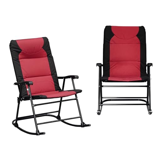 Outsunny Oversized Folding Rocking Camping Chair Set of 2, Padded Outdoor Rockers with High Back and Armrests, Portable Outdoor Patio Chairs with Steel Frame for Garden, Porch, Lawn, Red - color: Red