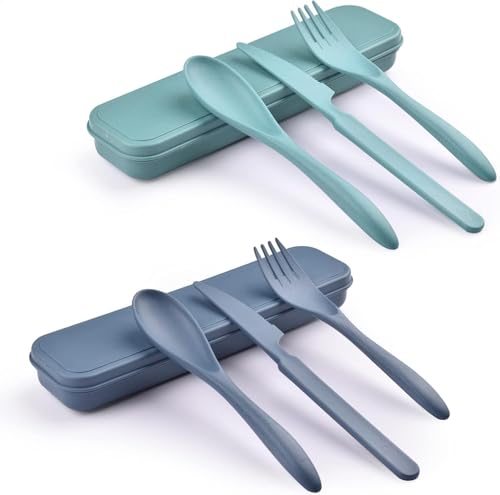 2 Sets Reusable Utensil Set with Case, Portable Camping Fork Knife Spoon Set, Wheat Straw Travel Utensils for Lunch Box, for School Work Lunch or Daily Use (Green, Blue) - color: Green, Blue