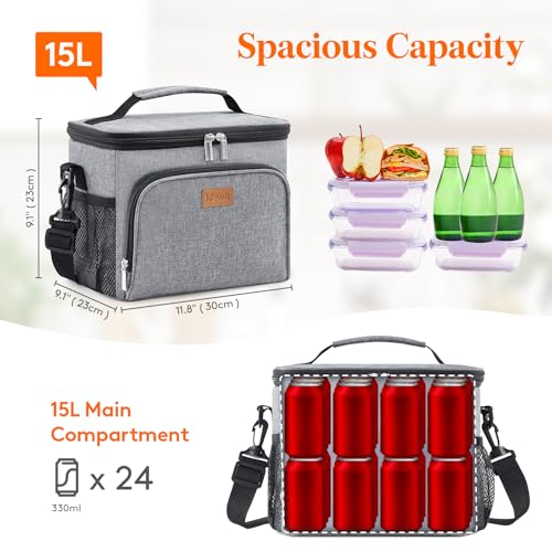 Lifewit Reusable Insulated Lunch Bag, Portable Cooler Freezable Soft Lunchbox Leakproof with Adjustable Shoulder Strap for Men Women Adult for Work Picnic or Travel, 15L 24 Can, Grey - color: Gray, size: Large(15l)