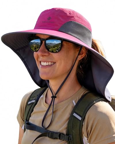 Camptrace Sun Hats for Women Men UPF 50+ UV Protection Wide Brim Hiking Fishing Hat with Neck Flap - color: 03-fuchsia