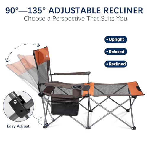 apollo walker Reclining Beach Chair, Adjustable 90-135° Backrest Camping Lounge Chairs for Adults, Folding Chair with Foot Rest & Detachable Pillow - Standard 6-Leg, Orange - color: Orange, style: 6-Leg