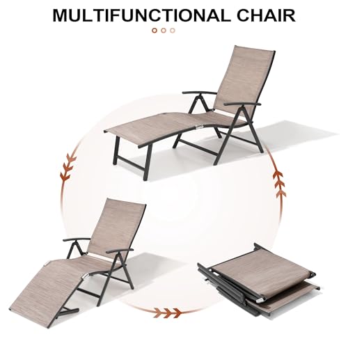 Crestlive Products Chaise Lounge Chair Outdoor Set of 2, Aluminum Folding Patio Recliner Chair, Adjustable 8 Positions Assemble-Free Perfect for Beach, Yard, Pool, Deck (Espresso) - color: Espresso, size: 2 Pcs