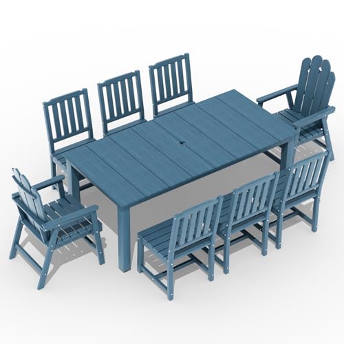 9-Piece Patio Dining Set, Outdoor Dining Set for 8, HDPE All-Weather Outdoor Furniture with 75.20” Umbrella Hole Table, 2 Armchairs & 6 Armless Chairs, Navy - color: Navy, size: 2 Armchairs & 6 Armless Chairs