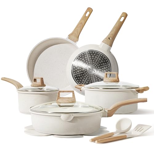 CAROTE 14 Pcs Pots and Pans Set Nonstick,Cookware Set Kitchen Cooking Set with Utensil and Pan Protectors Mothers Day - color: Cream White