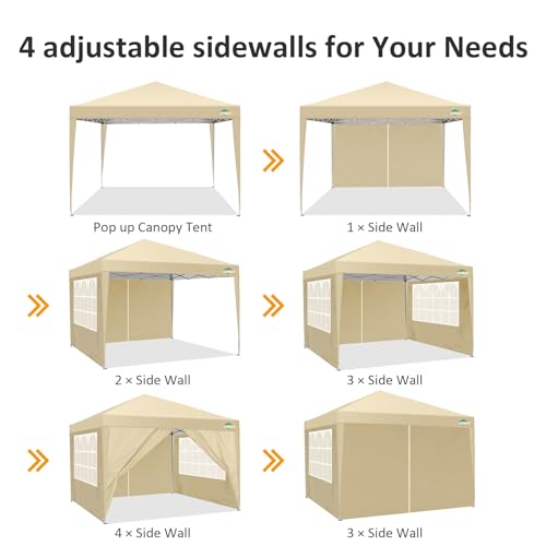 COBIZI 10x10 Pop Up Canopy Tent with 4 Sidewalls,10x10 Easy Up Waterproof Canopy Tents for Parties Camping Exhibition, Outdoor Easy Set U Gazebo Tent with Carry Bag,8 Stakes & 4 Ropes (Khaki) - color: Khaki, size: 10x10FT with 4 sidewalls
