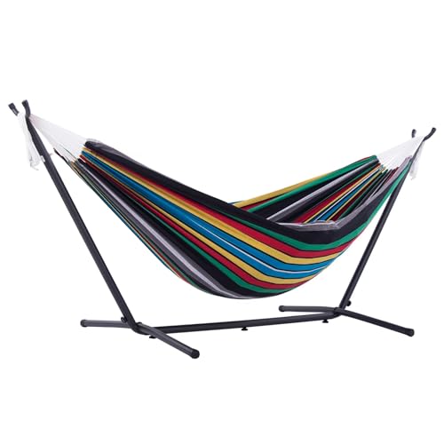 Vivere Double Cotton Hammock with Space Saving Steel Stand, Upgraded Polyester End Strings 450 lb Capacity - Premium Carry Bag Included - USA Grown Cotton (Rio Night) - color: Rio Night