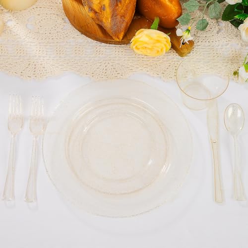 150 PCS Gold Glitter Disposable Dinnerware Set for 25 Guests, Plastic Plates for Party, Including 25 Dinner Plates, 25 Salad Plates, 25 Cups, 25 Forks Knives Spoons for Wedding and Party Supplies - color: Gold Glitter, size: 25 Guests