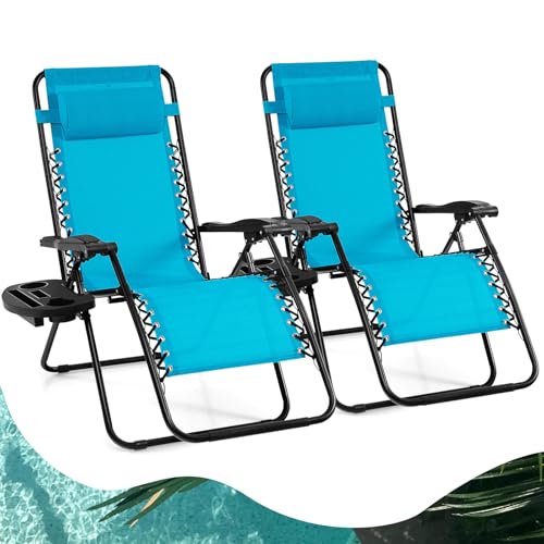 Goplus Zero Gravity Lounge Chairs, 160°Adjustable Folding Recliner w/Pillow and Cup Holder, 350LBS Comfy Outdoor Lounge Chairs for Patio, Lawn, Yard & Camp(Set of 2, Light Blue) - color: Light Blue, size: 35.4" x 25.2" x 43.3" (Set of 2)