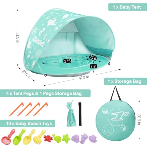 Baby Beach Tent, Pop Up Beach Tent Sun Shade for Beach, Portable Shade Pool UV Protection Sun Shelter for Infant with Beach Sand Toys Set - color: Patterned Mint Green