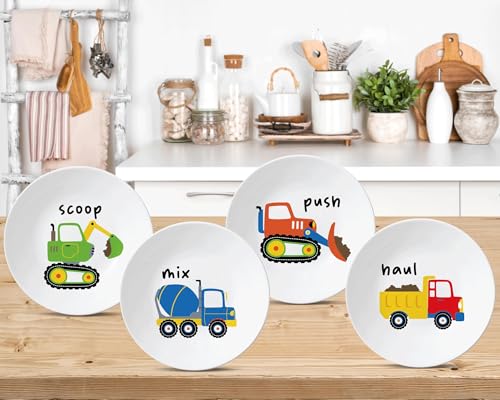 4 Set 10 Inch Construction Truck Plates Melamine Construction Truck Dinnerware Set Reusable Baby Shower Vehicle Melamine Plate Dishwasher Safe for Toddlers Creatively Drop Resistant Cute Plastic Dish - style: Construction Truck