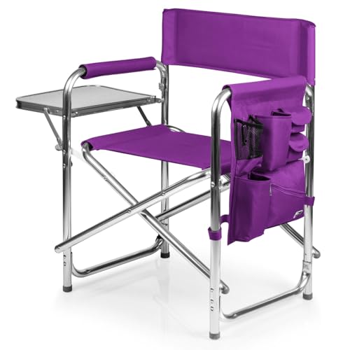 PICNIC TIME Sports Chair with Side Table and Armrest Caddy, Lightweight Aluminum Folding Outdoor Camping Chair for Adults, Portable Director Style Lawn Seating with Pockets & Carry Strap, (Purple) - color: Purple