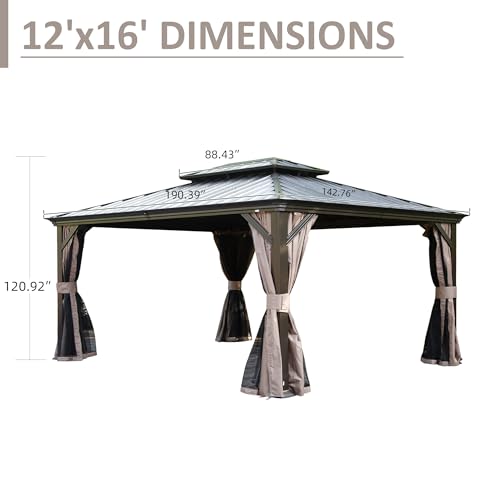 Domi 12' X 16' Hardtop Gazebo, Upgraded Metal Gazebo with Drainage System, Dual-Layer Galvanized Steel Roof, Curtain and Netting, Outdoor Shelter Canopy for Patio, Garden, and Backyard, Brown - color: Brown, size: 12'x16'/w gutter