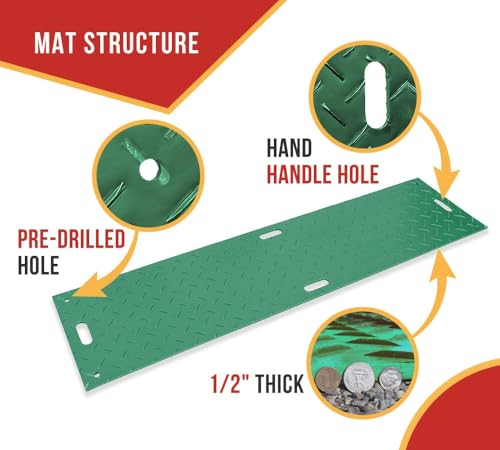 Mytee Products 5 Pk 2' x 8' Green Ground Protection Mats with Double Sided Diamond Plated Tread Design - High Density Polyethylene Mat, Easily Supports 50 Ton Loads on Lawns, Dirt, and Any Other Areas - color: Green, size: 2 x 8 Feet, style: 5 - Pack