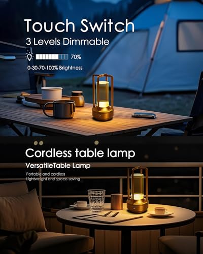 Set of 2 Cordless Table Lamps, LED Rechargeable Battery Operated Desk Lamps with 3 Color Stepless Dimmable, Small Light Portable for Outdoor Patio Bar Restaurants Bedroom Bedside (Gold) - color: Gold-2