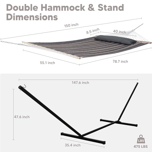 SUNCREAT Hammock with Stand 2 Person Heavy Duty, Freestanding Hammock with Spreader Bar, Soft Pillow, Gray Stripes - color: Gray & Brown, size: 12 ft Stand