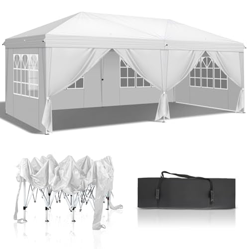 VINGLI 10x20 ft Pop Up Canopy Tent with 6 Sidewalls with Carry Bag, Outdoor Gazebo Shelter, Patio Event Tent Outdoor Canopy Commercial Canopy(White) - color: White