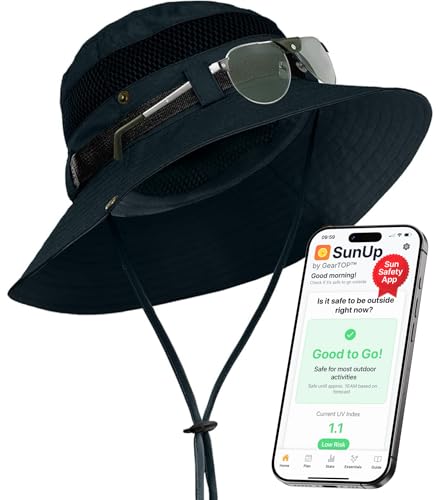 GearTOP Wide Brim Sun Hat for Men & Women, UPF 50+ Fishing Hat with Detachable Neck Flap & Face Cover Gardening Boonie Sunhat - color: Black Wanderer