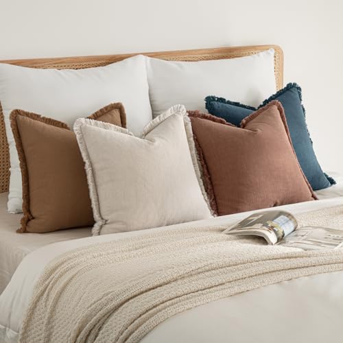 MIULEE Decorative Couch Pillow Covers Neutral Linen Fringe Throw Pillows Set of 4 Modern Rustic Cushions Boho Farmhouse Pillowcases for Bed Sofa Living Room Spring Decor 20x20 Inch Beige/Brown/Blue - color: Blue Brown, size: 20" x 20" (Pack of 4)