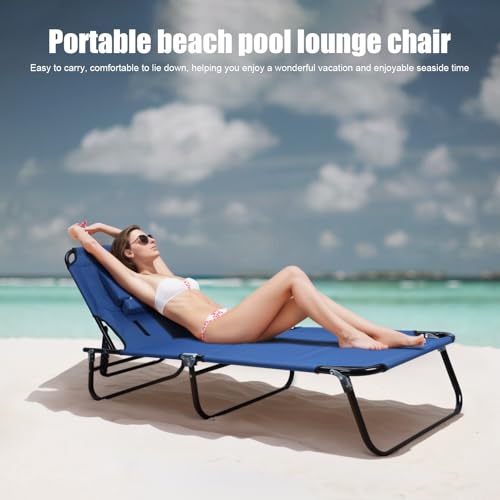 Patio Lounge Chair Reclining Folding Chaise for Indoor Outdoor Adjustable Portable Chair Removable Pillow, Sunbathing Chair for Patio, Poolside, Lawn, Beach (Blue) - color: Blue