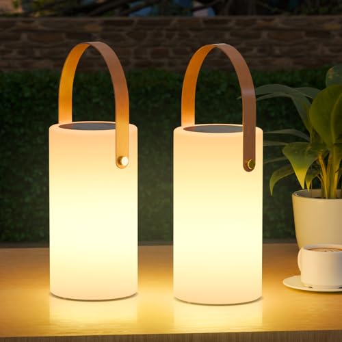2-Pack Solar Table Lamp Outdoor Water-Resistant LED Portable Solar Lantern Warm RGB Rechargeable Cordless Lights for Patio Deck Camping - color: Bronze