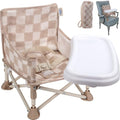 Tiny Marvels 3-in-1 Portable Baby Chair, Foldable Booster Seat with Removable Tray, Safety Harness & Carry Bag for Dining, Travel, Camping, Beach, 6M-3Y (Sand Checker) - color: Sand Checker