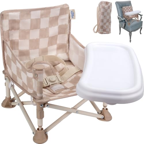 Tiny Marvels 3-in-1 Portable Baby Chair, Foldable Booster Seat with Removable Tray, Safety Harness & Carry Bag for Dining, Travel, Camping, Beach, 6M-3Y (Sand Checker) - color: Sand Checker