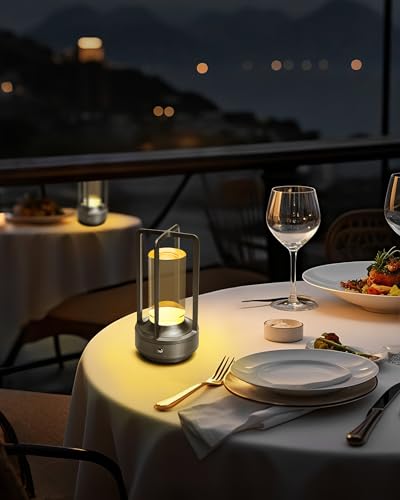 Set of 2 Cordless Table Lamps, LED Rechargeable Battery Operated Desk Lamps with 3 Color Stepless Dimmable, Small Light Portable for Outdoor Patio Bar Restaurants Bedroom Bedside (Silver) - color: Silver-2