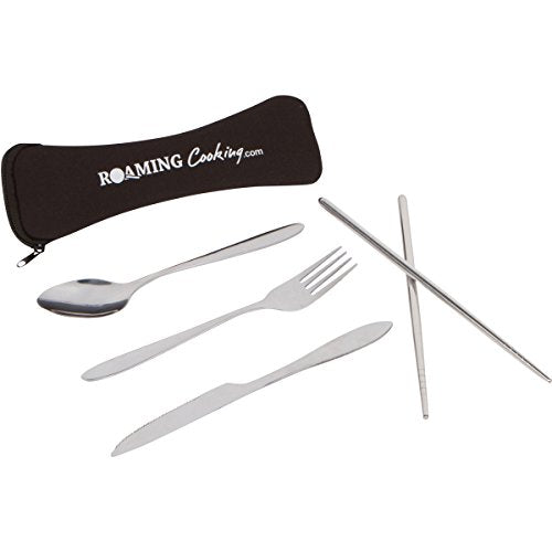 Reusable Travel Utensils with Case | Fork and Spoon Set with Knife, Chopsticks and Optional Reusable Straw– Office, Travel, or Camping Accessories| Lightweight Sturdy Reusable Utensils - color: 4pc Set - Black