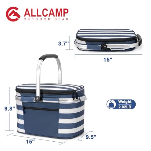 ALLCAMP Picnic Basket - Insulated Cooler, Thickening Foldable Picnic Basket with Removable Baskets & Sewn-in Frame, Basket for House Warming Gifts New Home(Blue White) - color: Blue White, size: Medium
