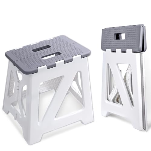 Foldable Step Stool (1 Pack), 12.9” Tall up to 300 lb Sturdy Plastic Folding Step Stool for Adults Kitchen Bathroom, Portable Small Stool Travel Foot Stool, Folding Stool for Home & Outdoor Use Gray - color: Grey