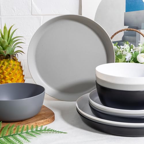 EI 12pcs Wheat Straw Plates,Wheat Straw Dinnerware Set,Plate and Bowls Sets,Plastic Plates Reusable-White,Black,Grey,Dark Grey,Dinner Plate Set of 4 Kitchen,Picnic - color: Black,White,Grey and Dark Grey Wheat Straw Plates and Bowls