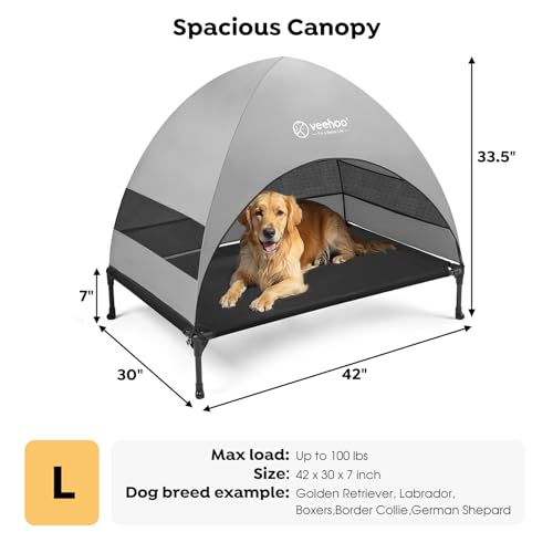 Veehoo Outdoor Dog Bed with Canopy, Cooling Elevated Pet Cot with Removable Shade, Non-Slip Feet, Raised Dog Cot for Large Dogs, Pet Tent Bed for Camping, Beach, Large, Black, CWC2411 - color: Black, size: 42.0"L x 30.0"W x 33.5"Th