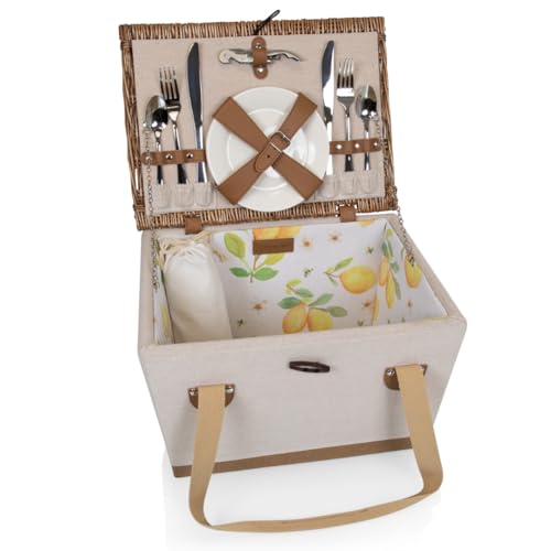 Picnic TIME Boardwalk Picnic Basket, Romantic Vintage English-Style Wooden Basket, Complete Deluxe Service for Four with Durable Canvas and Handwoven Lid - color: White With Bees and Lemon Pattern for 2