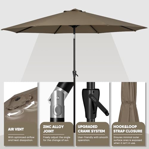 Tempera Patio Market Outdoor Table Umbrella with Push Button Tilt and Crank, Large Sun Umbrella with Sturdy Pole & Fade Resistant Canopy, Easy to Set - color: Taupe, size: 9 FT