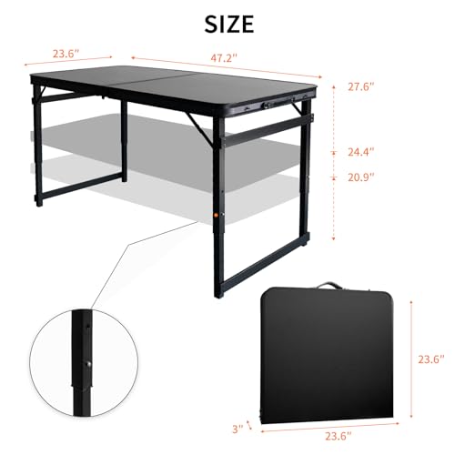 4FT x 2FT Folding Camping Table with Aluminum Alloy Legs, Adjustable Height Portable Outdoor Picnic Table for Camping, Travel, Parties, Kids Crafts, and Market Vendor Use - size: 4 ft x 2 ft × 2.3 ft H