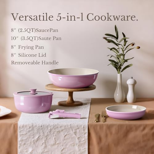 Pots and Pans Set Non Stick, Ceramic Cookware Set Detachable Handle, RV Camping Kitchen Cooking Set Removable Handles, Dishwasher/Oven/Fridge Safe, Induction, Space Saving，PINK - color: Pink