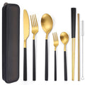 AARAINBOW 6 Pieces Stainless Steel Flatware Set Portable Reusable Cutlery Set Travel Utensils Set Including Chopsticks Knife Fork Spoon Straws Cleaning Brush Dishwasher Safe (B-Black golden) - color: B-Black golden