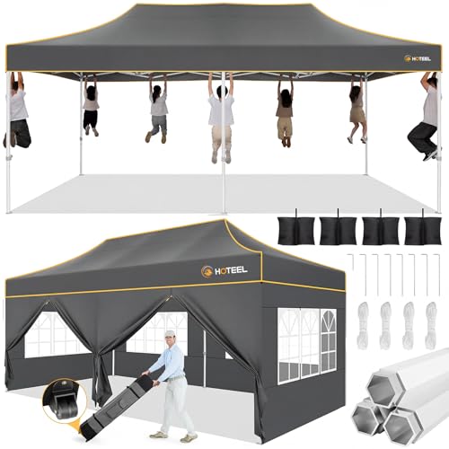 Hoteel 10x20 Pop Up Canopy Tent Heavy Duty with 6 Sidewalls, Waterproof Party Tent, Easy Set-up Commercial Instant Tents with Roller Bag & Sandbags, Hexagonal Leg (1-Year Warranty) - color: Grey 2, size: 10×20 （6 Walls）