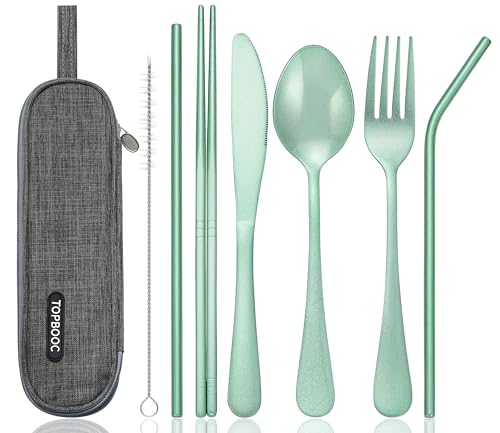 Portable Stainless Steel Flatware Set, Travel Camping Cutlery Set, Portable Utensil Travel Silverware Dinnerware Set with a Waterproof Case (Green) - color: Green