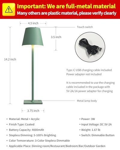 KDG 2 Pack Cordless Table Lamp,Portable LED Desk Lamp, 4000mAh Battery Operated, 3 Color Stepless Dimming Up, for Restaurant/Bedroom/Bars/Outdoor Party/Camping/Coffee Shop Night Light(Green) - color: Green-2