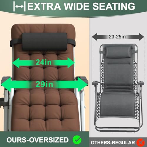 XL Zero Gravity Lounge Chair 29", Oversized Padded Folding Recliner for Patio with Storage Bag, Removable Cushion, Footrest, Full Aluminum Lock & Large Cup Holder, Supports 450 lbs, Brown - color: 29in - Brown