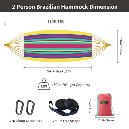 CHULIM Brazilian Double Hammock with Tree Straps,Extra Large 94x63IN,2 Persons Hammock for Backyard Patio Outdoor and Indoor,450lbs Weight Capacity,Soft Woven Cotton Fabric - Aqua Bule Stripe - color: Aqua Bule Stripe