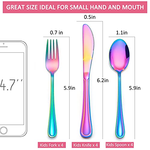LIANYU 12-Piece Rainbow Kids Silverware Set, Stainless Steel Toddler Utensils Flatware Set, Child Cutlery Tableware for 4, Include knife Fork Spoon, Mirror Finished, Dishwasher Safe - color: Rainbow