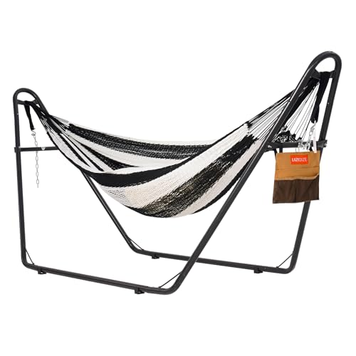 Lazy Daze Hammocks Handwoven Mayan Hammock with Heavy Duty Steel Stand, 10.5 FT Soft Rope Double Hammock for Patio Outside, 550 lbs Weight Capacity, Black/White - color: Black/White