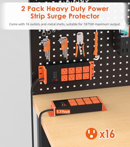 HHSOET 2 Pack Heavy Duty Power Strip 8 Outlets, Work Shop Outlet Strip Surge Protector 4800J, Industrial Metal 15Amp Power Strip, 6FT Extension Cord, ETL Listed - color: Orange, size: 6ft