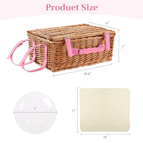 Neti Neti Wicker Picnic Basket for 4 with Insulated Cooler & Waterproof Blanket – Large Willow Picnic Hamper for Outdoor, Camping, Beach, Romantic Dates, Valentine’s Day - color: Floral Crushed