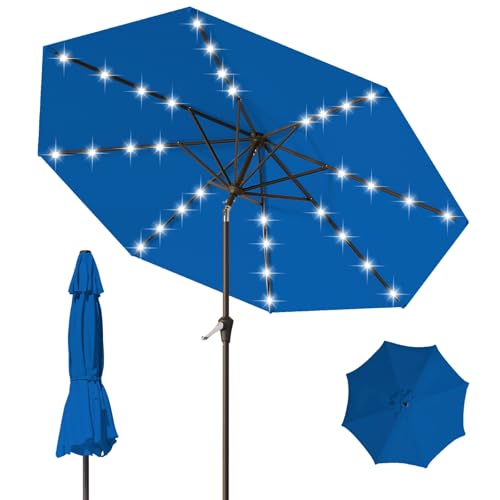 9FT Patio Umbrella with Solar Lights,Outdoor Market Umbrella with Tilt and Crank, LED Lighted Table Umbrella for Garden,Deck,Backyard,Pool,Beach (Royal blue) - color: Royal blue