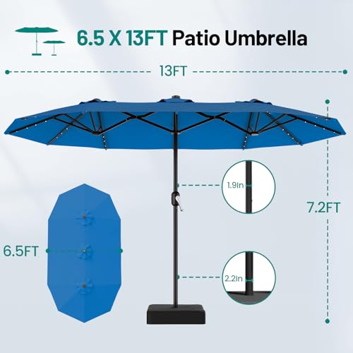 AreShark 13 FT Patio Umbrella with Solar Lights, Double-Sided Outdoor Table Umbrellas with Crank, Large Rectangular Market Umbrella for Porch, Lawn, Pool, Backyard, Royal Blue - color: Royal Blue, size: 6.5x13 Ft