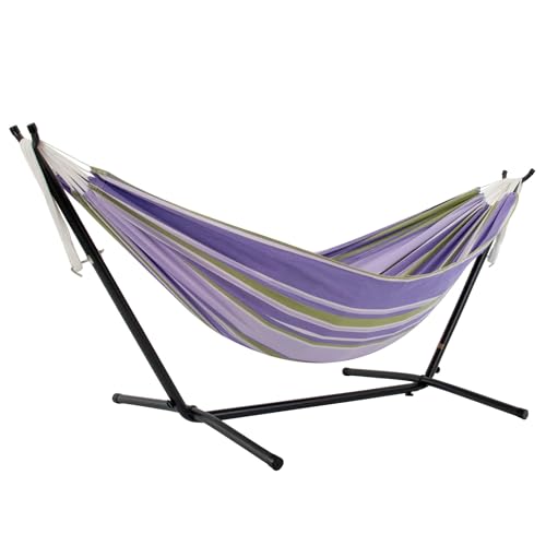 Vivere Double Cotton Hammock with Space Saving Steel Stand, Upgraded Polyester End Strings 450 lb Capacity - Premium Carry Bag Included - USA Grown Cotton (Tranquility) - color: Tranquility