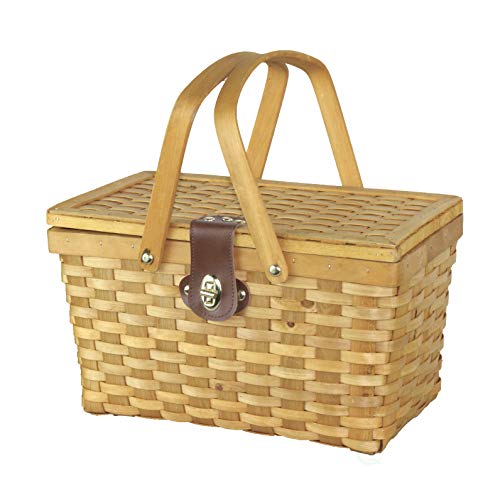 Wickerwise Gingham Lined Woodchip Picnic Basket with Lid and Movable Handles - size: Size: 12. 5" X 7. 5" X 7. 5"